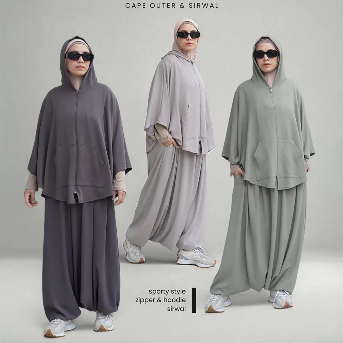 Three women in modest sportswear sets in gray and sage