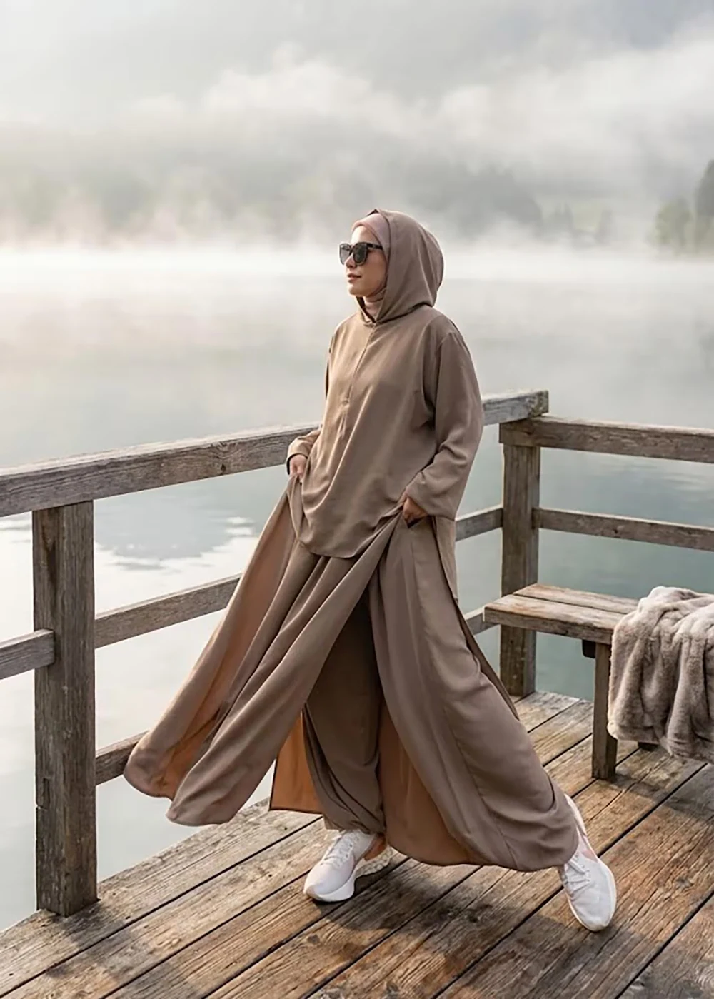 Woman wearing a taupe modestwear outfit on a lakeside deck